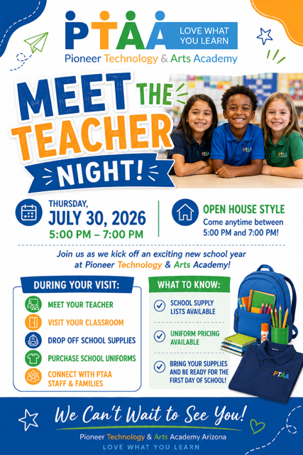 Meet the Teacher Night — Thursday, July 30, 2026, 5:00–7:00 PM, open house style