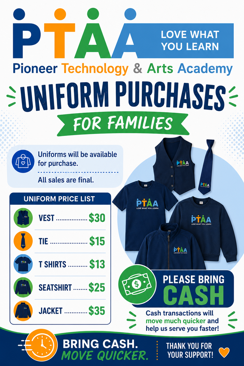 PTAA uniform purchases price list — vest $30, tie $15, t-shirt $13, sweatshirt $25, jacket $35. Please bring cash.
